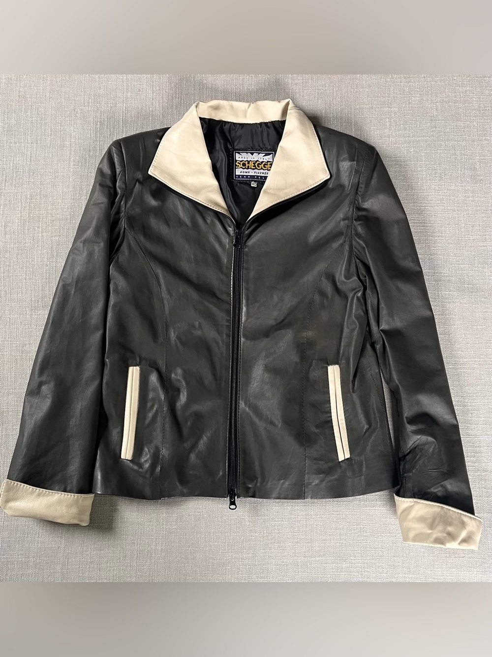 Vintage 90s Tailored Vera Pelle Italian Leather Jacket Charcoal w Cream Trim